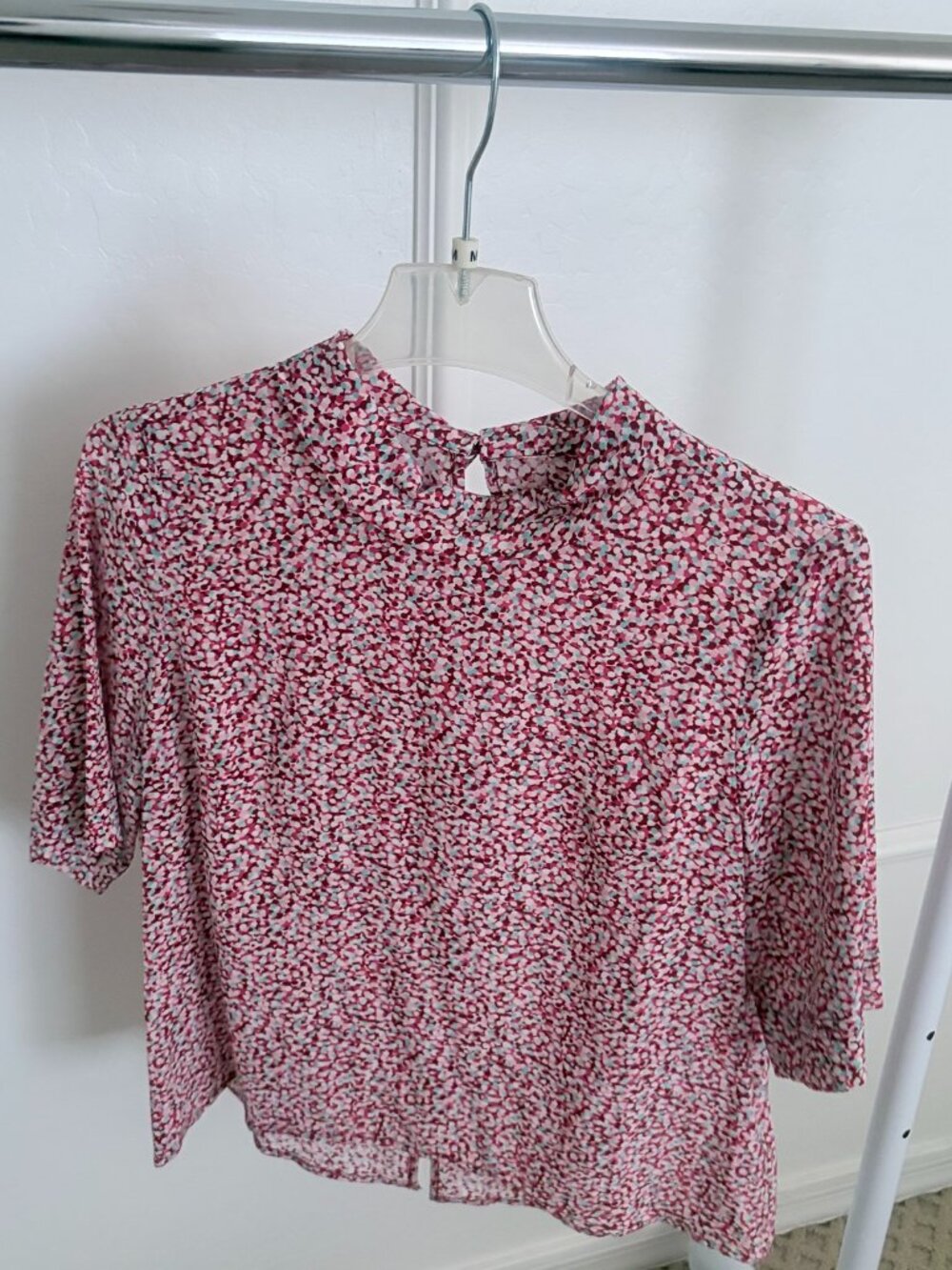 Pink Blue Dotted Print Heavy Silk Blouse - Fits M (6-8)